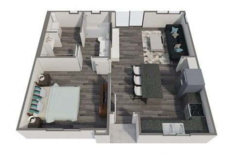 Floor plan for 1 bed, 1 bath, 679 sqft